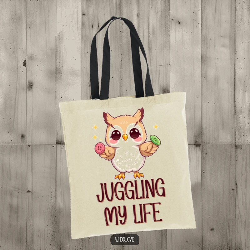 Funny playful owl tote bag, skillfully juggling three shiny buttons with its talons, perfect for carrying essentials with flair.