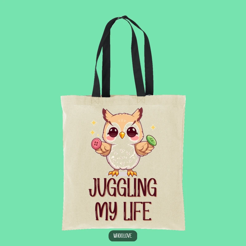 Funny Playful Owl Tote Bag: Juggling Buttons, Spacious Whimsical Carry-all