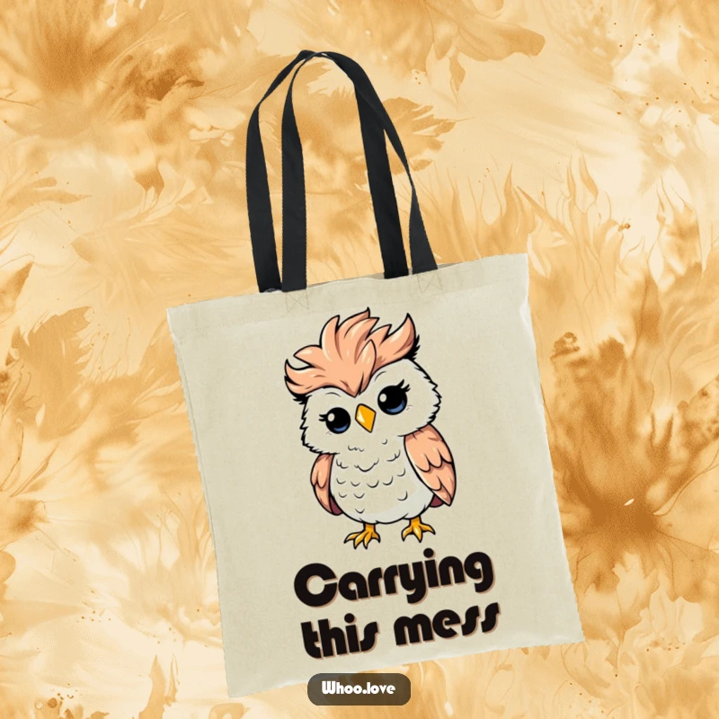Funny silly owl with ruffled feathers caught in a strong wind gust, cute chaotic tote bag, practical and humorous gift.