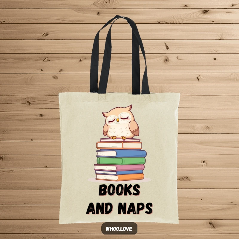 Funny sleepy owl tote bag, featuring an owl dozing on a stack of enormous books, a charming and practical accessory for book lovers.