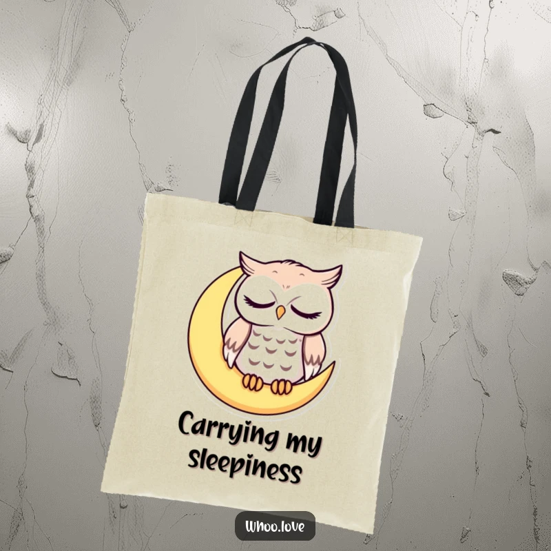 Funny sleepy owl with droopy eyes on a crescent moon, cute nocturnal tote bag, practical and humorous gift for sleepyheads.