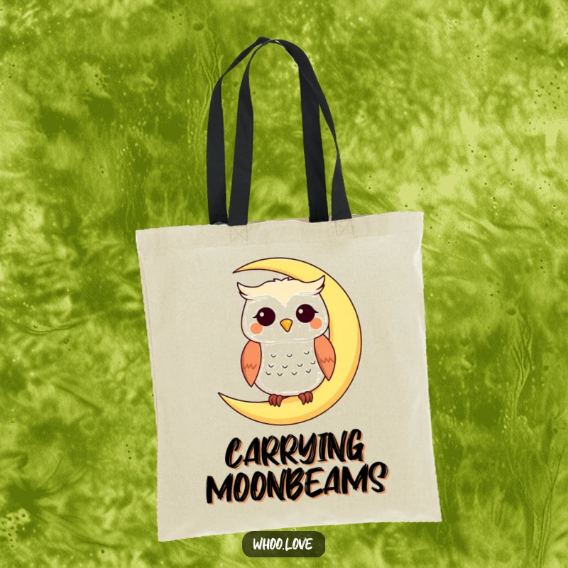 Funny tote bag illustration of a smiling owl sitting on a crescent moon, perfect for carrying essentials and dreams, a funny gift.