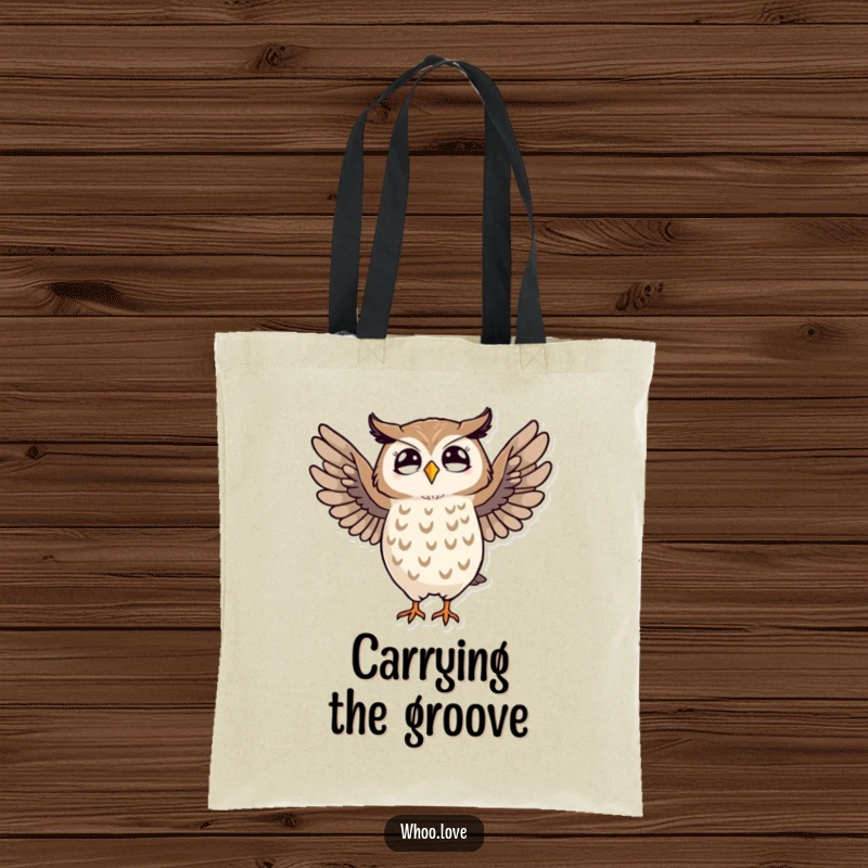 Funny tote bag featuring a striped owl in a whimsical dance, perfect for carrying essentials with a smile.