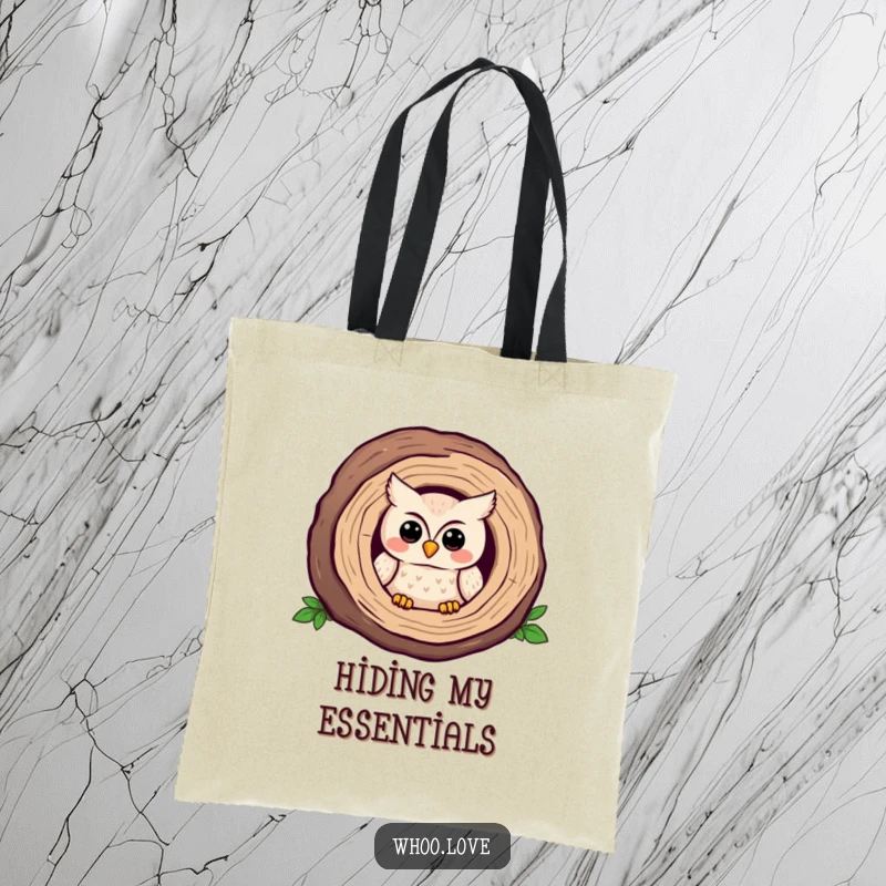 Funny Kawaii owl tote bag, peeking coyly from a log with a shy, sweet smile. Adorable funny gift.