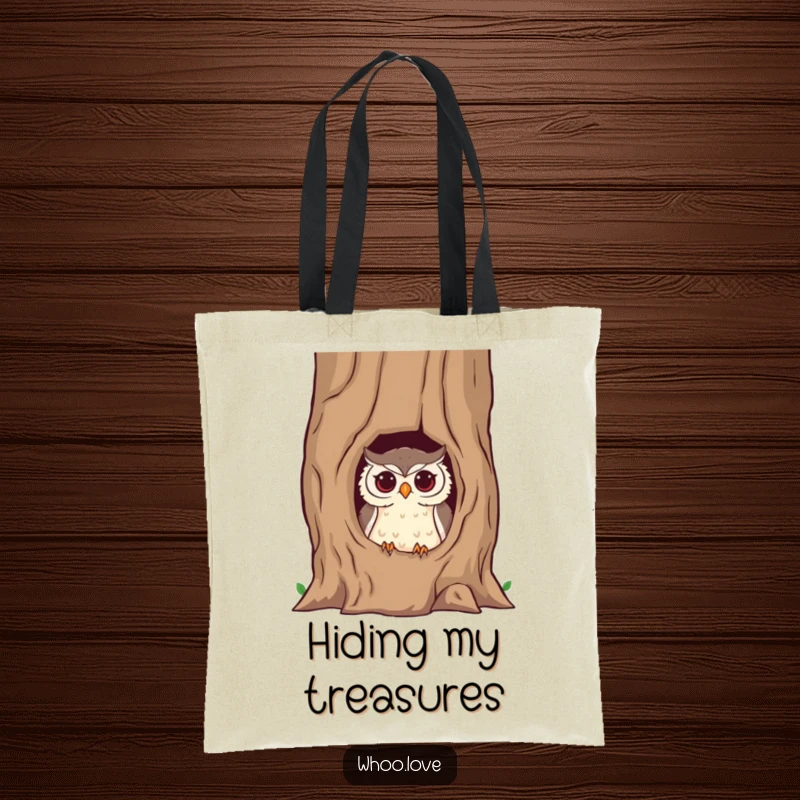 Funny owl tote bag featuring a mischievous owl peeking from a hollow tree trunk, ready to carry your essentials with a hint of fun.