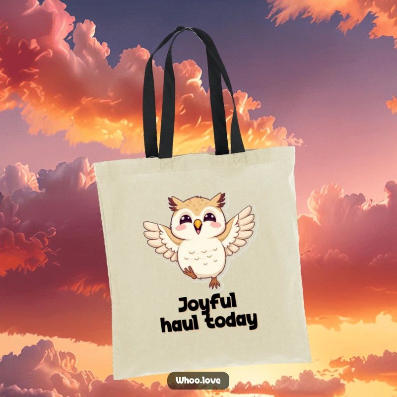 Funny joyful owl tote bag featuring an owl flapping its wings with glee, perfect for carrying essentials and spreading happiness.