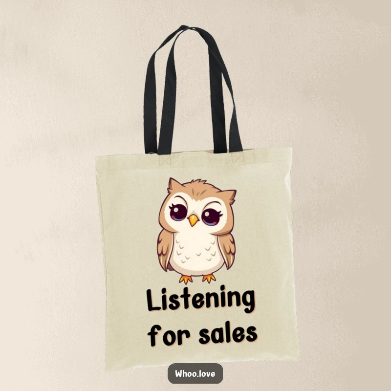 Funny curious owl tote bag, owl tilting its head to listen intently, perfect for carrying items while showing attentiveness.