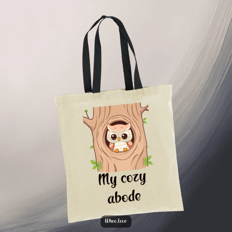 Funny tote bag with an owl peeking from a tree hole, perfect for carrying essentials with a playful touch.
