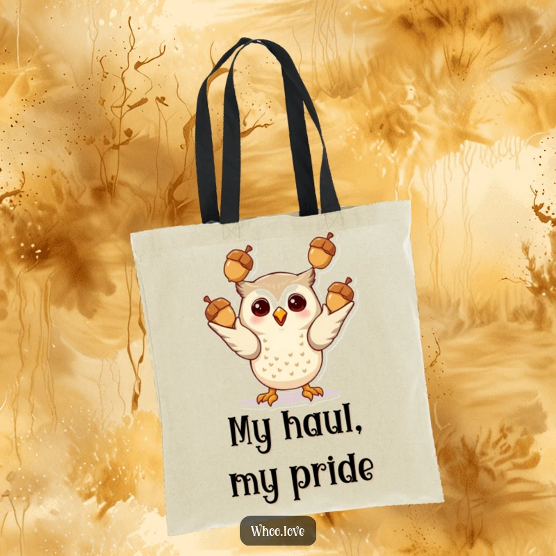 Funny Giddy Owl Tote Bag: A fun tote bag featuring an excited owl character juggling three shiny acorns, perfect for carrying everyday items.