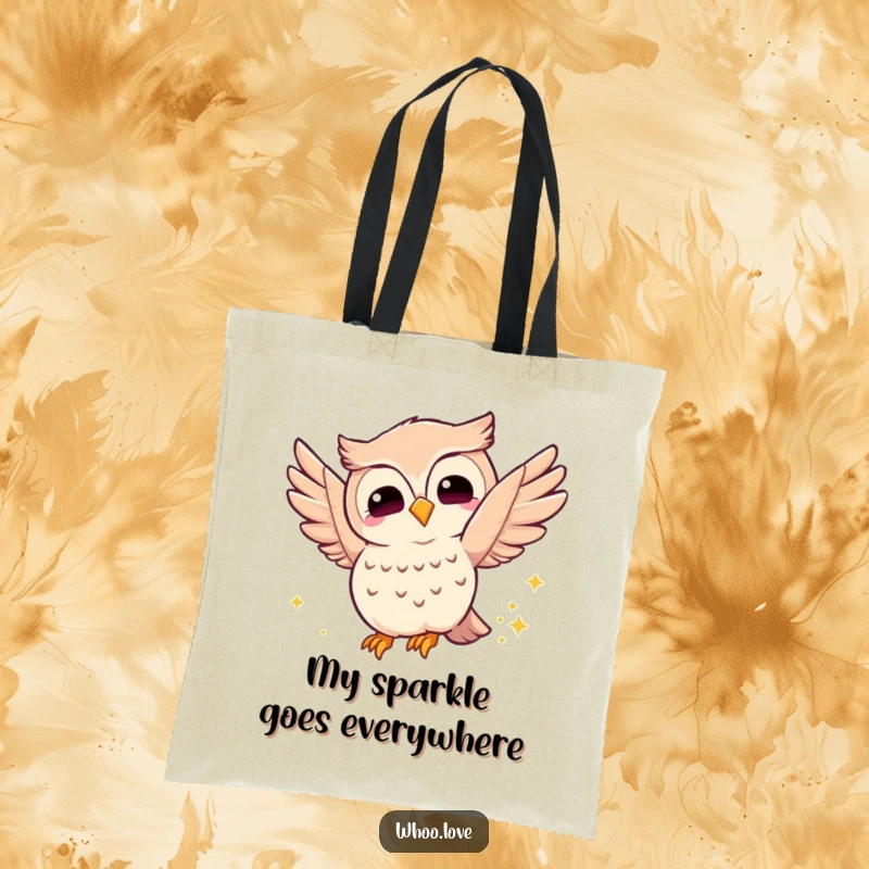 Funny joyful owl tote bag, featuring an owl fluttering its wings and leaving a sparkly trail, a charming and practical accessory for daily use.