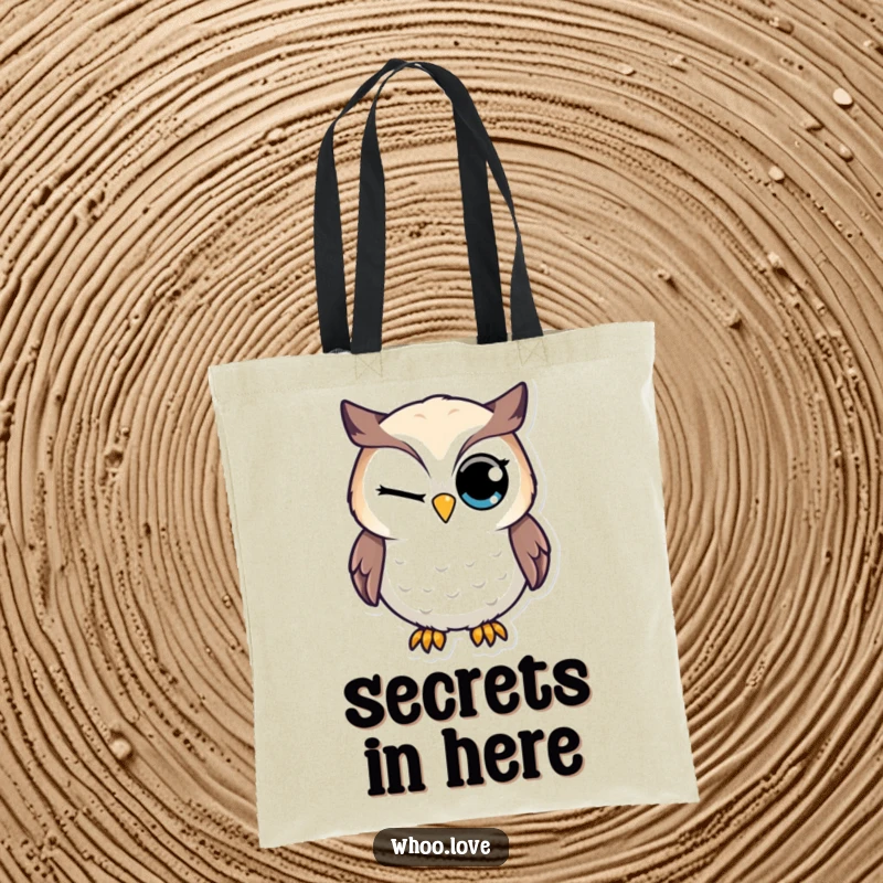 Funny tote bag featuring an owl character with a large eye giving a conspiratorial wink, ready for errands.
