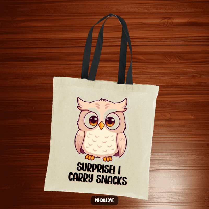 Funny wide-eyed owl tote bag, showing an owl with bulging eyes in a surprised, comical pose. Perfect for carrying groceries with humor.