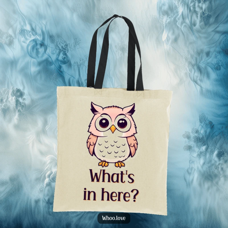 Funny tote bag with an owl character tilting its head, its gaze full of curiosity and a desire to explore.