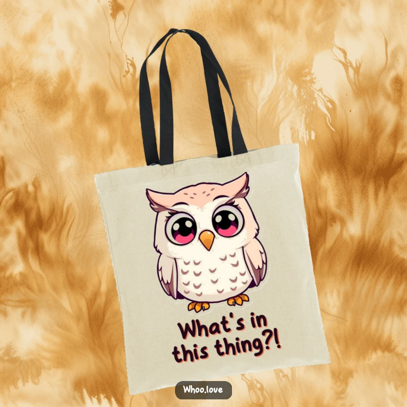 Funny surprised owl character tote bag, featuring wide, shocked eyes, designed for carrying essentials with a humorous, startled flair.